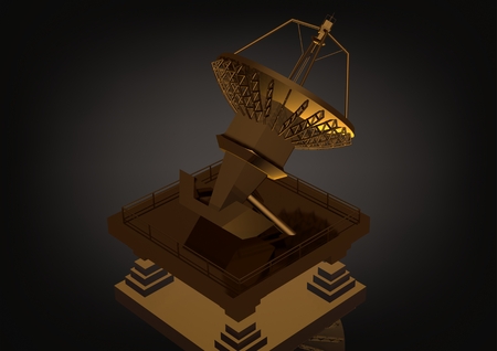 Golden satellite dish on a black background. 3D renderingの写真素材