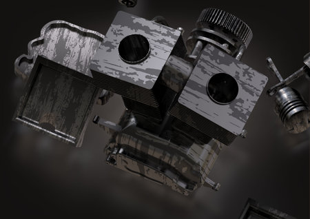 Disassembled silver and black motorcycle engine on a black background. 3D rendering