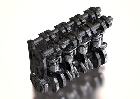 Black and silver car engine on a white background. 3D rendering