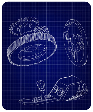 Steering wheel, gearbox and gear mechanism on a blue backgroundのイラスト素材