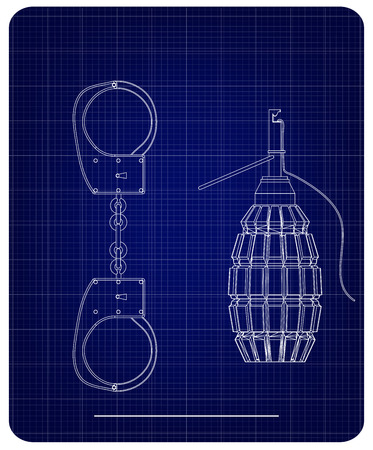 3d model of grenades and handcuffs on a blue background. Drawingのイラスト素材