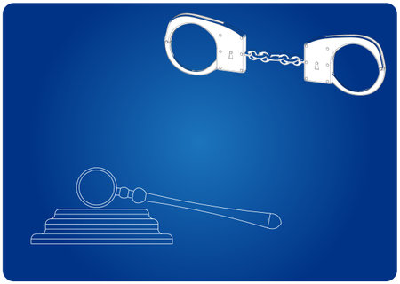 3d model of handcuffs and judge's gavel on a blue backgroundのイラスト素材