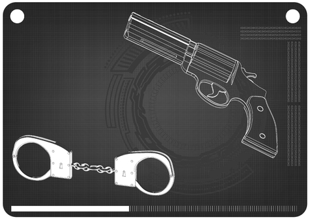 3d model of handcuffs and a revolver on a black background. Drawingのイラスト素材