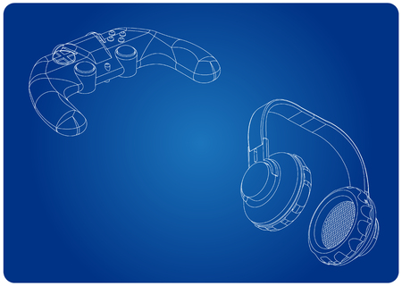 3d model of joystick and headphones on a blue background. Drawingのイラスト素材