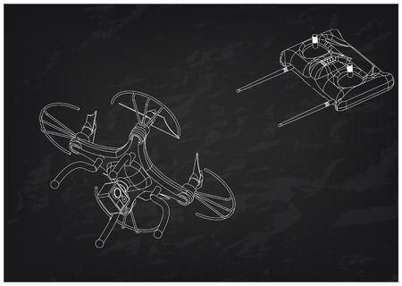 3d model of quadcopter and radio remote control on a black background. Drawingのイラスト素材