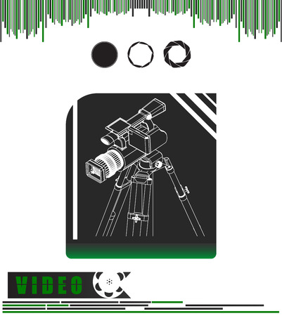Camera with tripod on a black and green background. Vector imageのイラスト素材