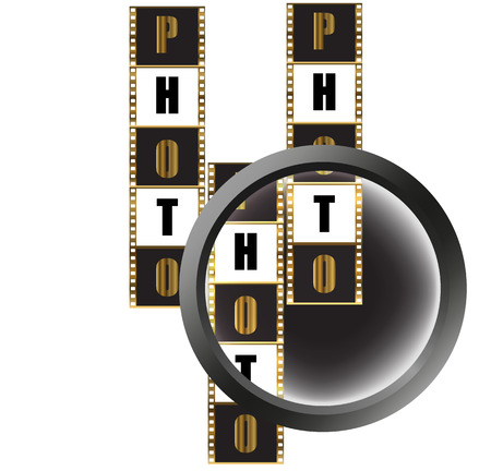 Gold photographic film and magnifying glass on a whiteのイラスト素材