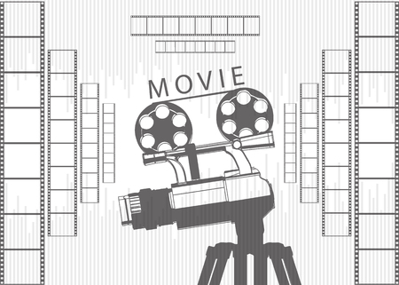 Professional camera on a tripod and film on a white backgroundのイラスト素材