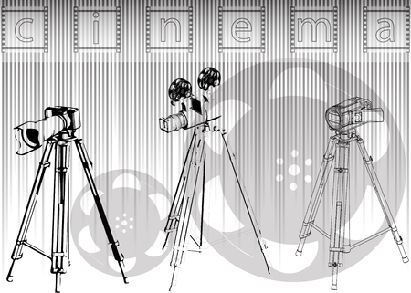 Two black cameras with a tripod on a white backgroundのイラスト素材