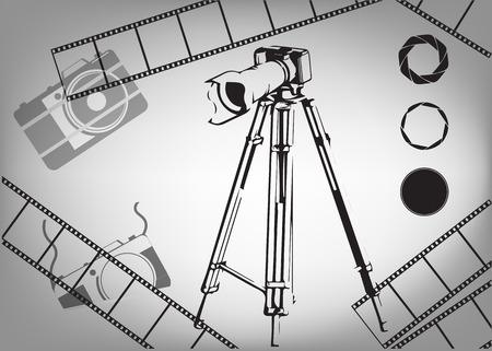 Black camera with a tripod and film on a gray backgroundのイラスト素材