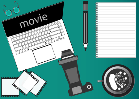 Notebook, pencil, camera on a lime backgroundのイラスト素材