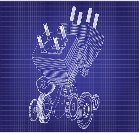 Motorcycle engine on a blue background. Drawingのイラスト素材