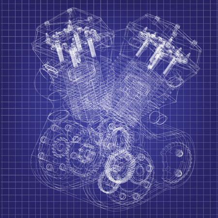 Motorcycle engine on a blue background. Drawingのイラスト素材