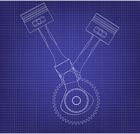 Crankshaft and two pistons on a blue background. Drawingのイラスト素材