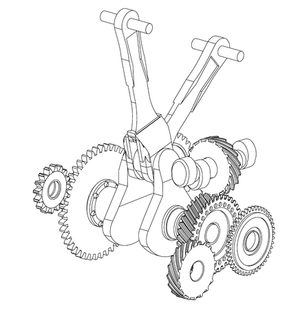 Gears and crankshaft on a white background. Drawingのイラスト素材