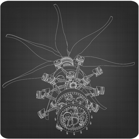 Disassembled radial engine on a gray background. Drawingのイラスト素材