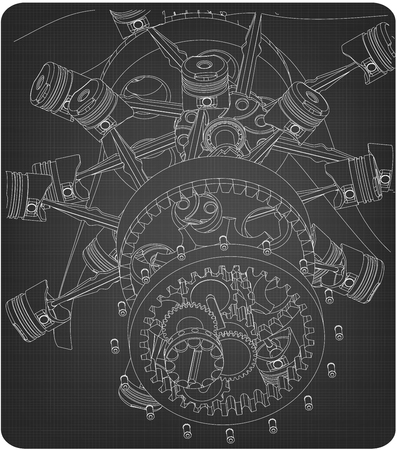 Disassembled radial engine on a gray background. Drawingのイラスト素材