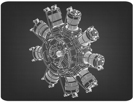 Radial engine on a gray background. Drawing