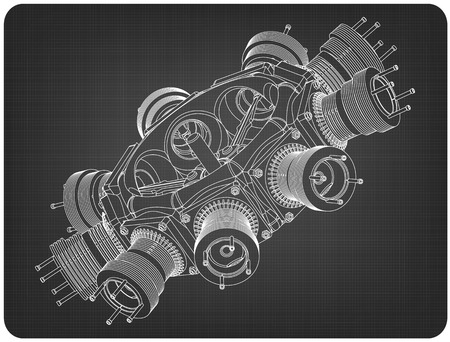 Radial engine on a gray background. Drawingのイラスト素材