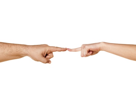 male and female hand pointing fingers at each other on white backgroundの写真素材