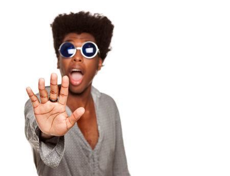 young handsome afro american guy stylish hipster shouting scared isolated on white background....