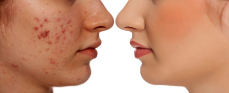 comarision portratit of teenage girl with problematic skin, before and after skin traitment on white...