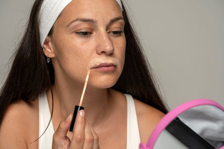 portrait a young woman applies concealer under her nose on a gray background