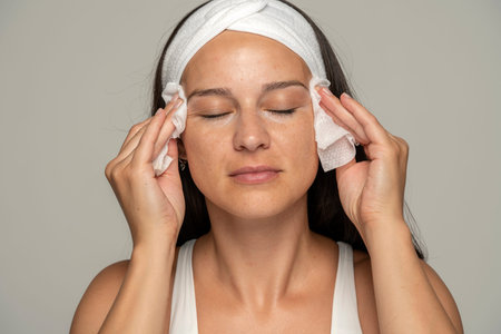 young woman with headband cleans her face with wet wipes on gray background