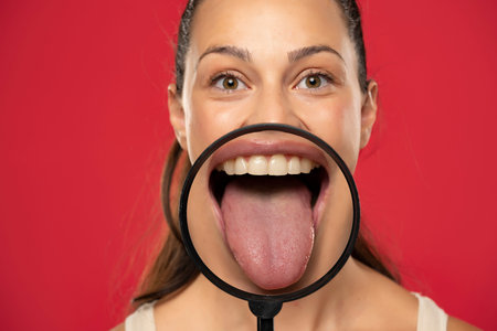 Young happy woman showing her healthy tongue through a magnifying glass