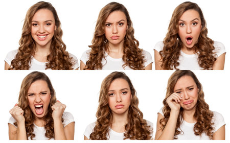 collage with different emotions in one young woman ona white backgroundの写真素材