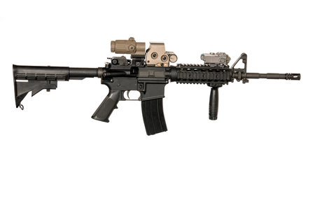 m4 rifle with optical sight and laser device on white background