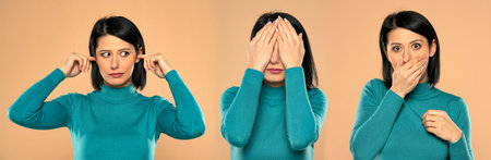 Hear no evil, see no evil, speak no evil. WOman on a beige background
