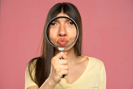 Young woman looking through a magnifying glass with kissing gesture on a pink background.