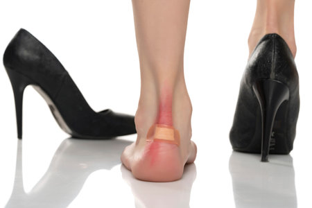 Closeup of a woman's heel with a blister plaster on white.