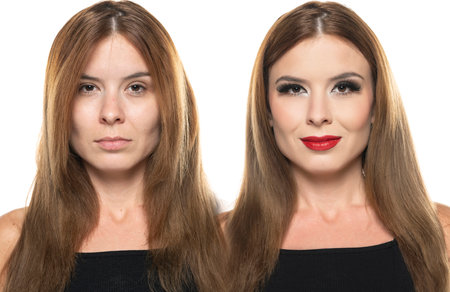 portrait of a young woman wihout and with styling on a white background.の写真素材