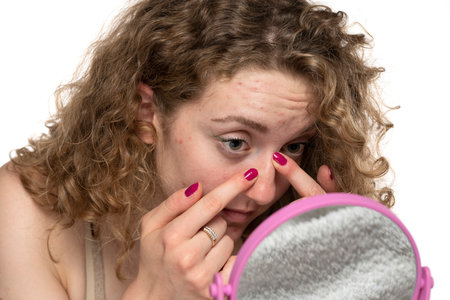 Young woman checks her nose in the mirror.の写真素材