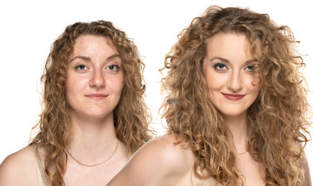 portrait of a young blond woman wihout and with styling on a white background.の写真素材
