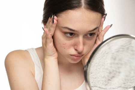 young beautiful woman tightens her face with her hands on a white studio background