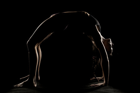 Art silhouette of a young woman doing yoga exercise. Yoga pose on black studio background.の写真素材