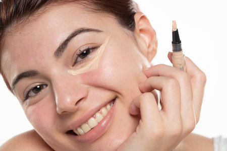 Woman  with concealer on flawless fresh skin, doing make up. Girl  with corrector under eye area. Beauty face, skin care.の写真素材