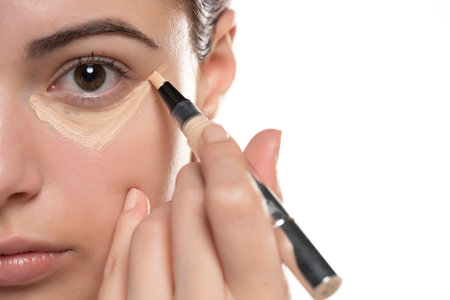 Woman  applying concealer on flawless fresh skin, doing make up. Girl  put corrector under eye area. Beauty face, skin care.の写真素材