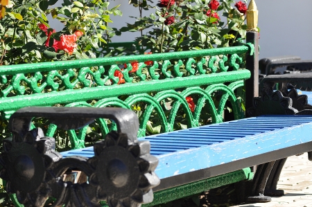 Wooden bench in autumnの写真素材