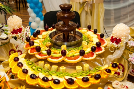 Chocolate fountain and fruit dessertの写真素材