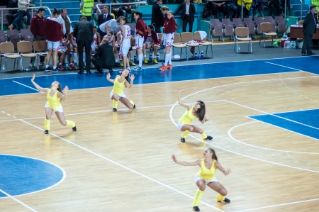 Girl cheerleading from the support team your favorite basketball team, city of Orenburg, Southern Ural, Russiaのeditorial素材