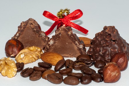 Selected hazelnuts in chocolate candyの写真素材