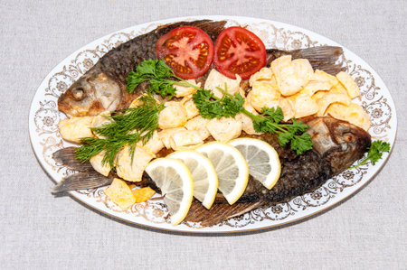 Fresh crucian river fish fried in lemon juice and fresh herbs