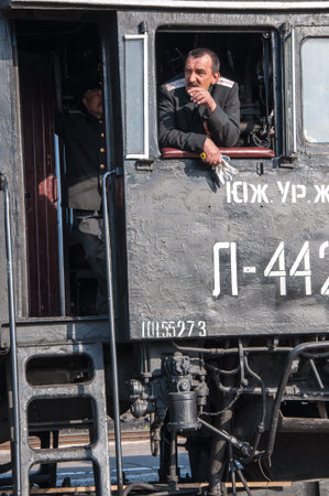 ORENBURG, ORENBURG region, RUSSIA, 6 may, 2014 year. Vintage steam locomotive at the station of Orenburgのeditorial素材
