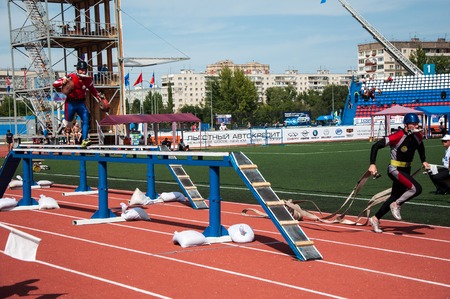 ORENBURG, ORENBURG region, RUSSIA, 7 August, 2014 year. 23 Championship The Ministry of emergency situations of Russia fire-applied sports. Fire relay race のeditorial素材