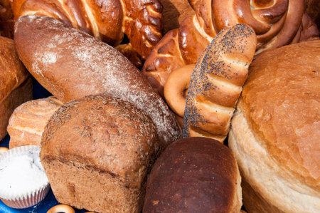 The breads are white bread product, the product of low humidity, pie, donut