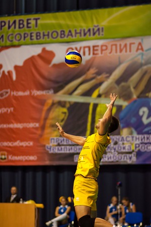 ORENBURG, ORENBURG region, RUSSIA, 14 September, 2014 year. Russian volleyball Cup. Competition volleyball teams Yurga-samotlor (city of Nizhnevartovsk) and Torpedo (city of Chelyabinsk).のeditorial素材